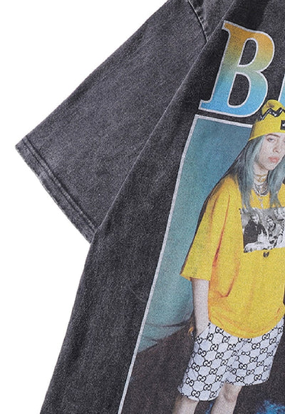Bad boy singer t-shirt grunge poster tee retro wash top grey