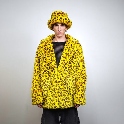 Yellow leopard bucket faux fur hat oversize animal print cap festival fisherman hat furry headwear jaguar headband lynx psychedelic rave cap