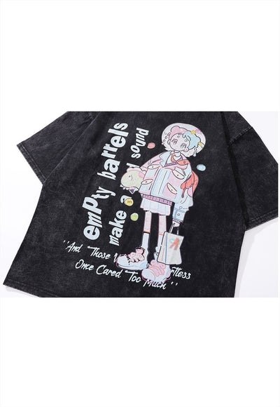 Anime girl t-shirt Japanese cartoon tee retro wash top grey