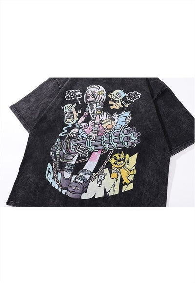 Japanese cartoon t-shirt grunge anime tee retro top in grey