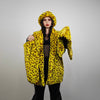 Yellow leopard jacket faux fur trench oversize animal print coat festival overcoat furry peacoat jaguar bomber lynx psychedelic rave fleece