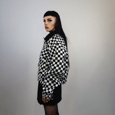 Check print bomber jacket Chequerboard varsity SKA aviator chess pattern coat in black and white