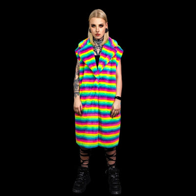 Rainbow coat hooded Gay pride trench striped rave bomber detachable fleece fluorescent festival bomber removable sleeves burning man jacket