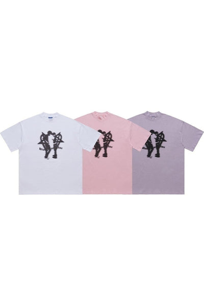 Pentagram heart t-shirt couple print tee love top in pink