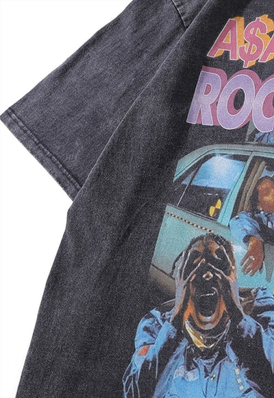 Rapper print t-shirt hip-hop tee ASAP Rocky top in grey