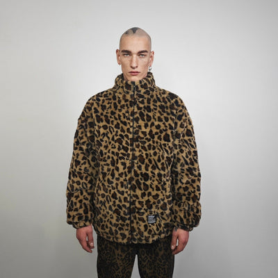 Animal print fleece jacket brown leopard coat zip up cheetah bomber wild cat overcoat fluffy jaguar festival jacket bobcat jumper