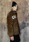 Check fleece jacket checkboard fluffy retro bomber in brown