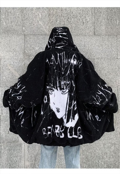 Anime fleece jacket faux fur graffiti bomber jacket black