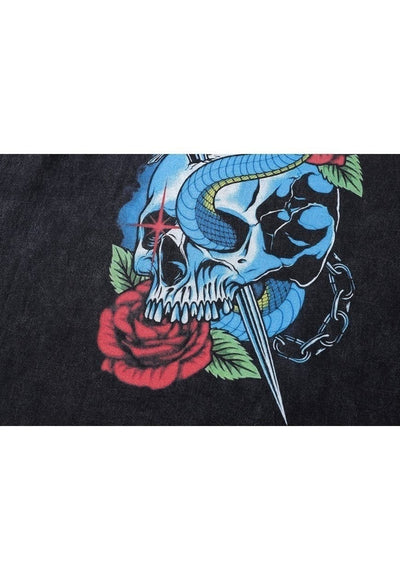 Skull t-shirt skeleton tee retro flower skater top in black