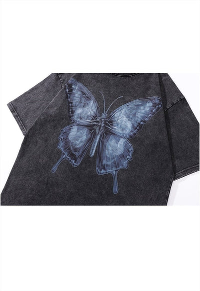 Butterfly print t-shirt psychedelic tee retro top in grey