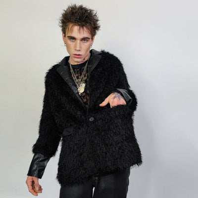 Faux fur blazer PU leather sleeves jacket fluffy luxury fleece coat faux leather lapel smart jacket in black