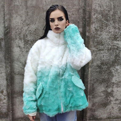 Gradient faux fur jacket tie-dye fluffy bomber festival varsity jacket raised neck fleece coat high fashion Autumn Winter coat white green