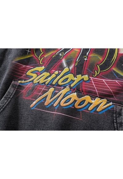 Sailor moon hoodie anime pullover Japanese top in acid grey