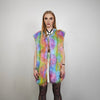 Rainbow faux fur jacket collarless tropical coat bright raver bomber fluffy carnival fleece luminous festival pullover burning man overcoat