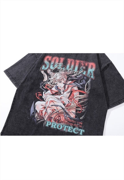 Anime print t-shirt Soldier slogan tee retro Japan top grey