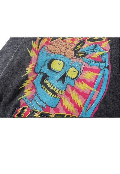 Skeleton print hoodie grunge pullover skull top in acid grey