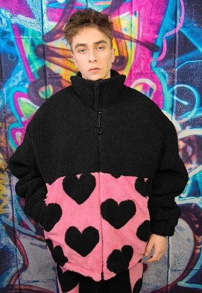 Heart fleece jacket handmade love emoji bomber in pink black