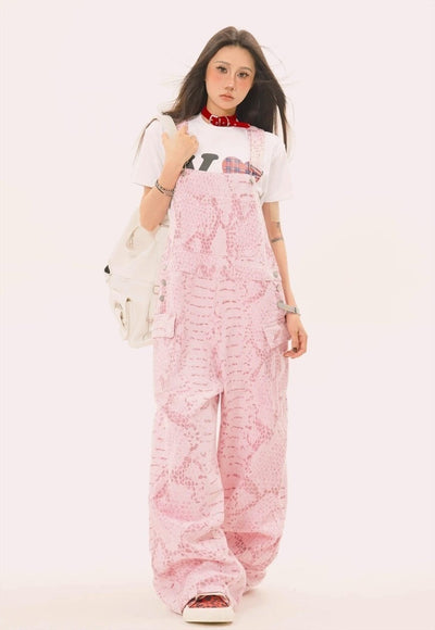 Snake dungarees pink python print jean overalls playsuit