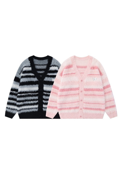 Horizontal stripe cardigan knitted jumper fluffy fleece top