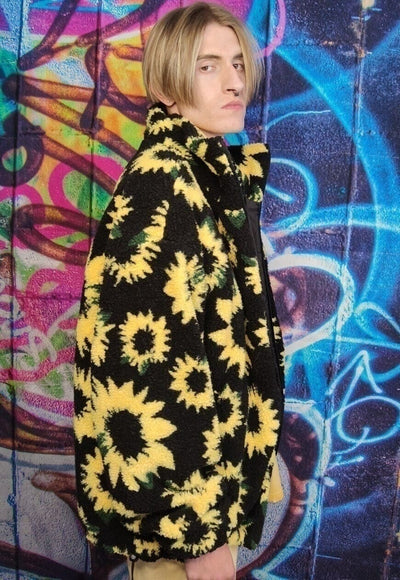 Sunflower fleece bomber handmade daisy floral outdoor jacket