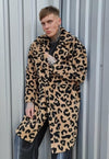 Leopard fleece coat animal print long jacket in brown