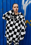 Chequerboard fleece jacket handmade fluffy check coat black