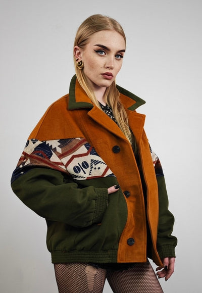 Native varsity jacket green suede feel retro Aztec bomber