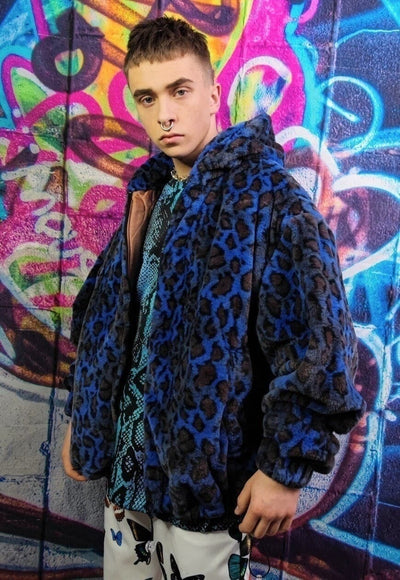 Leopard fleece jacket retro detachable sleeves jacket blue