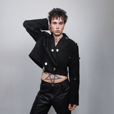 Cropped military jacket navy bomber metal patchwork army varsity utility biker jacket gorpcore short punk coat in black