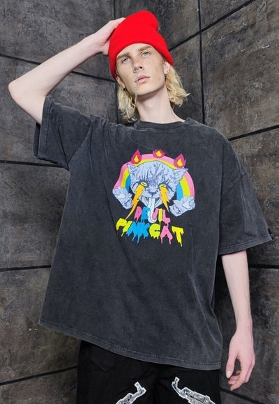 Premium raver t-shirt vintage wash old cat tee in acid black