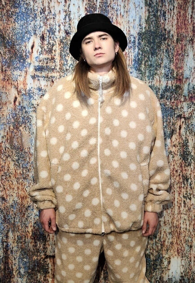 Polka dot fleece jacket handmade fluffy spot bomber cream