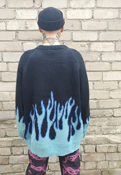 Flame sweater oversize knitted fire jumper Korean top blue