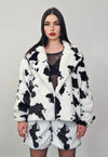 Short cow print coat faux fur cropped animal print trench