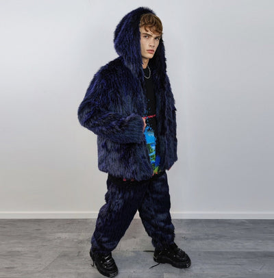 Hooded shaggy faux fur coat luxury fuzzy bomber luminous raver puffer fluffy fleece long hair going out trench burning man overcoat blue