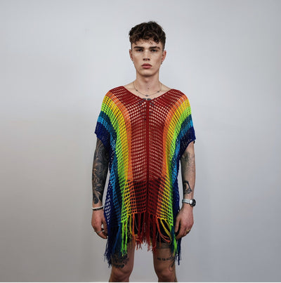 Rainbow mesh top Gay pride sweater rave poncho transparent