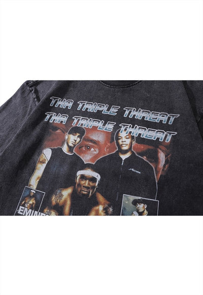Rapper t-shirt vintage poster tee hip-hop top in acid grey
