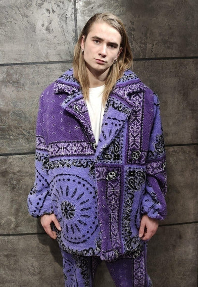 Paisley fleece jacket handmade bandanna trench coat purple