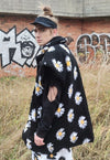 Floral fleece jacket handmade daisy trench coat in black