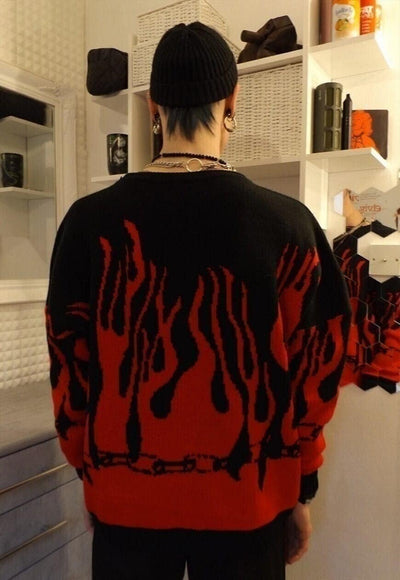 Box fit flame knitted sweatshirt red fire knitwear jumper