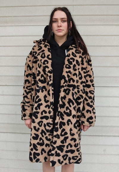 Leopard fleece coat animal print long jacket in brown