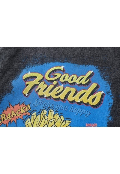 Fast food t-shirt old fries print long tee retro top in grey