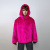 Hooded red faux fur jacket shaggy bomber bright raver puffer fluffy winter fleece festival coat burning man trench fancy dress overcoat