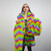 Rainbow faux fur skirt crop striped shorts festival zigzag skater skirt furry set carnival costume party pants psycho wide rave gown pink