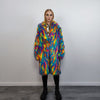 Faux fur long psychedelic coat 70s trench neon raver bomber fluffy tie-dye fleece disco festival jacket burning man going out coat blue pink