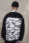 Animal print corduroy jacket zebra fleece patch bomber black