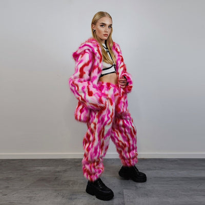 Hooded faux fur striped jacket zebra bomber neon raver coat fluffy tie-dye fleece festival puffer burning man going out overcoat red pink