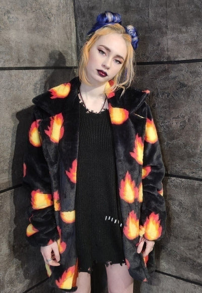 Flame print coat burning fire fleece trench luxury festival jacket fluffy grunge bomber in black orange