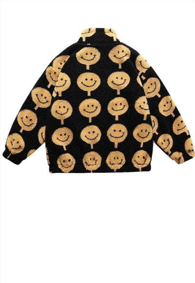 Emoji fleece jacket faux fur smile print bomber in black