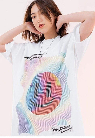 Smile print t-shirt emoji tee skater rainbow top in white