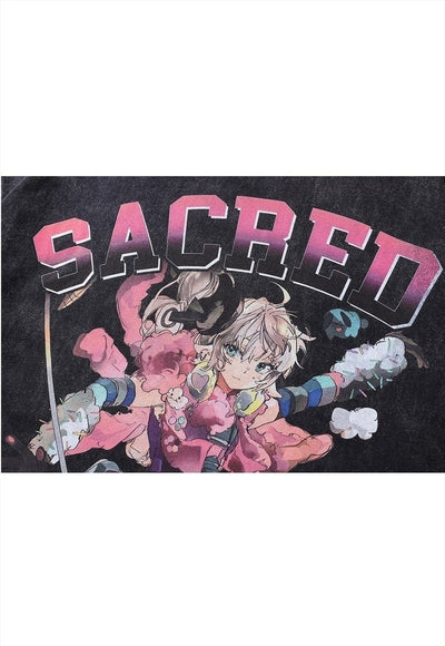 Anime t-shirt sacred slogan tee retro Japanese top in grey